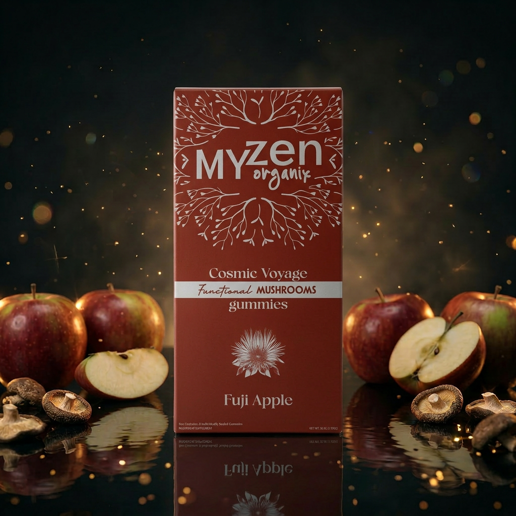 MYzen organic gummies packaging with apples and mushrooms on a reflective surface