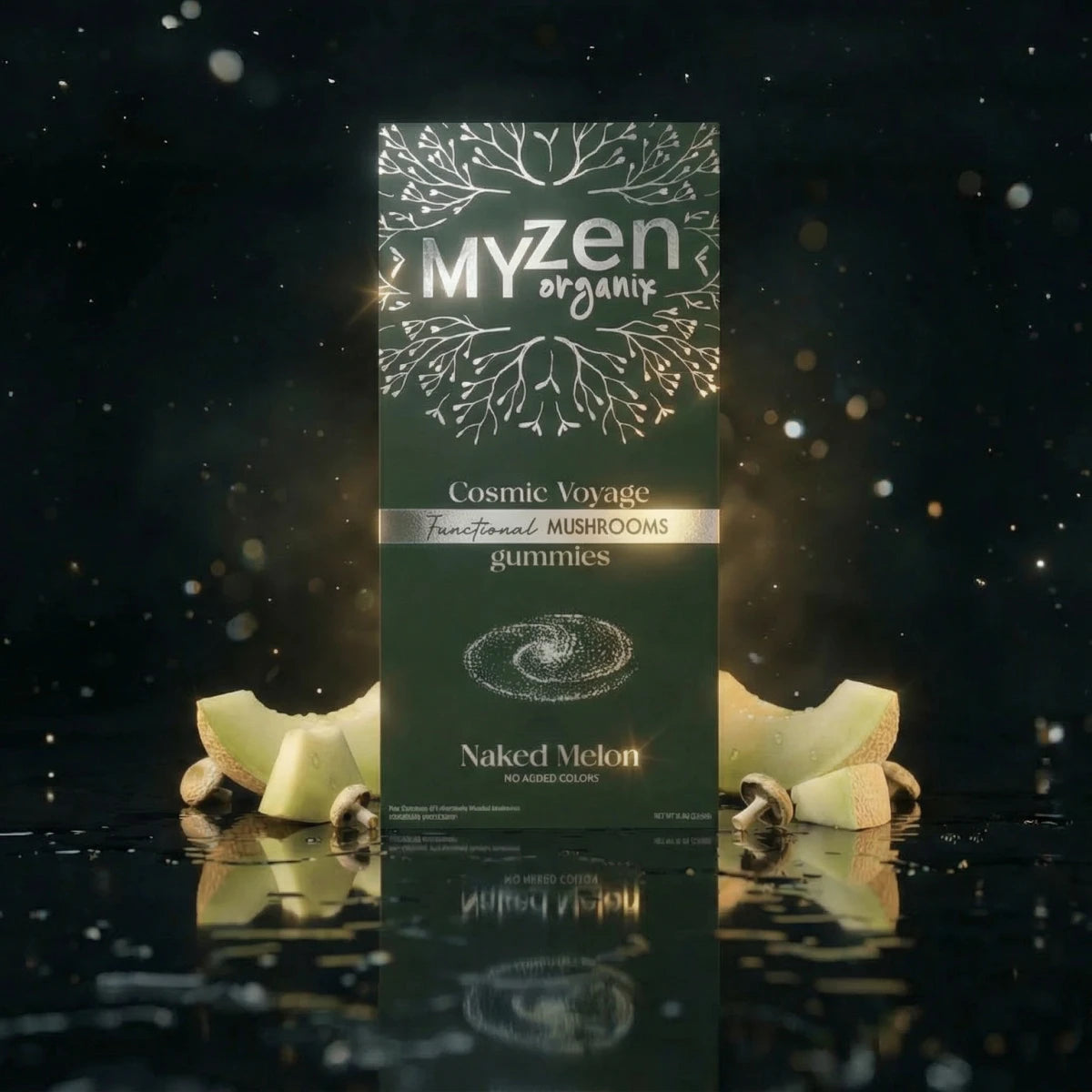 Myzen Organic gummies packaging with gummies on a reflective surface