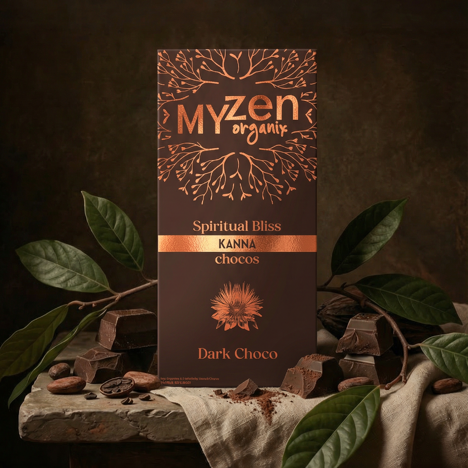 MYzen Organix Kanna Chocos Dark Choco packaging with leaves and stones on a dark background